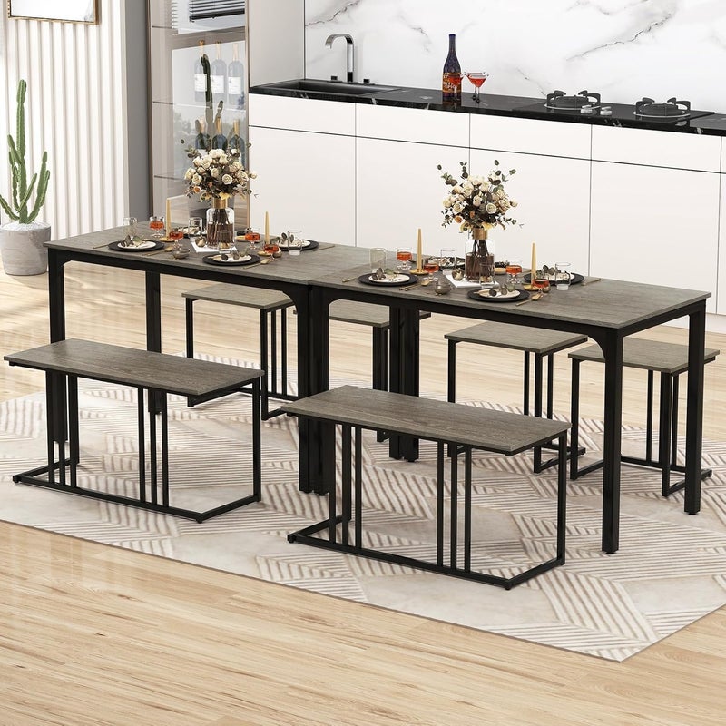 Giantex 4-Piece Dining Table Set for 4, Modern Kitchen Table and Chairs, Nesting Furniture Set with Bench & 2 Stools, Space-Saving Desk Set, Dinette Set for Small Place, Dining Room Restaurant (Grey) - Image 4